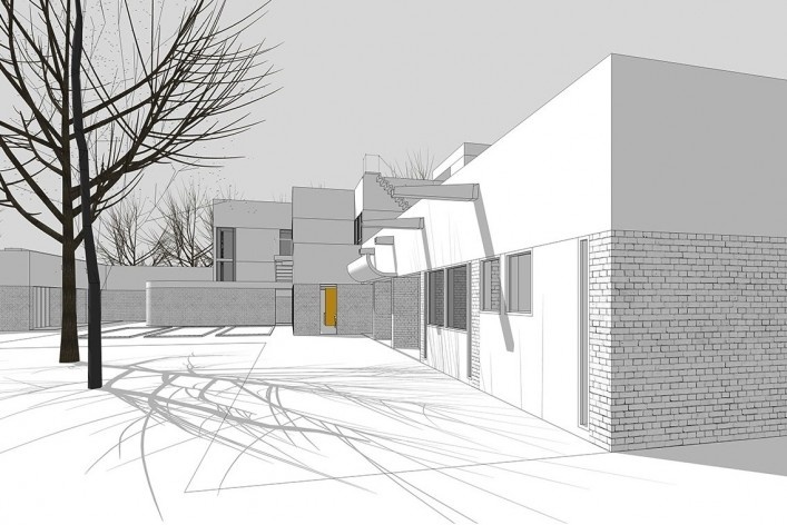 Casa Sarabhai, vista externa do edifício, Shadibag, Ahmedabad, India, 1952-55. Arquiteto Le Corbusier<br />Modelo tridimensional Matheus Bragagnolo / Imagem Edson Mahfuz 