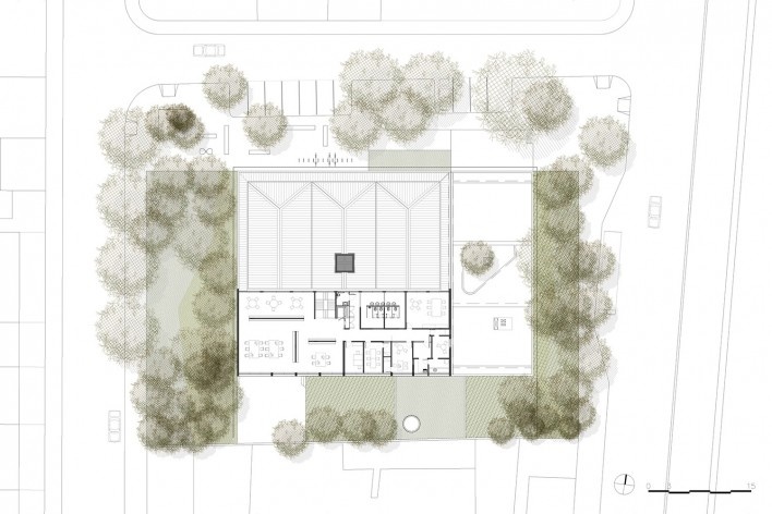 Renovação da Biblioteca Monteiro Lobato, planta primeiro pavimento, São Bernardo do Campo SP Brasil, 2014. Arquitetos Marta Moreira e Milton Braga / MMBB Arquitetos<br />Imagem divulgação  [MMBB Arquitetos]