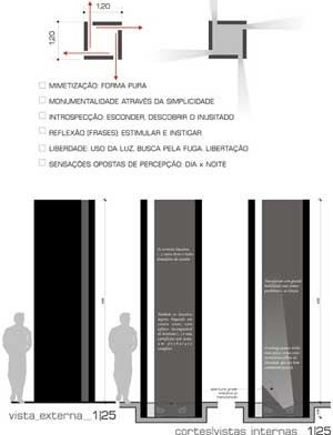 Monumento – Planta, cortes e vista<br />Imagem dos autores do projeto 