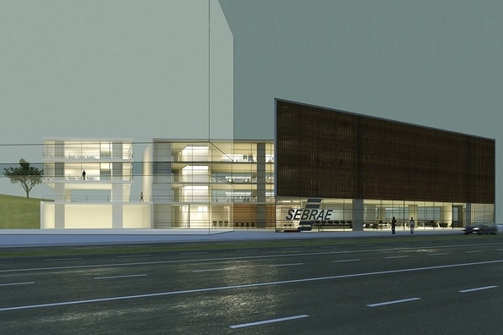 Centro de Referência em Empreendedorismo do Sebrae-MG, perspectiva av. Barão Homem de Melo, menção honrosa. Arquitetos Danilo Ribeiro Cardoso Terra, Juliana Assali Terra e Pedro Tuma, 2008<br />Desenho escritório 