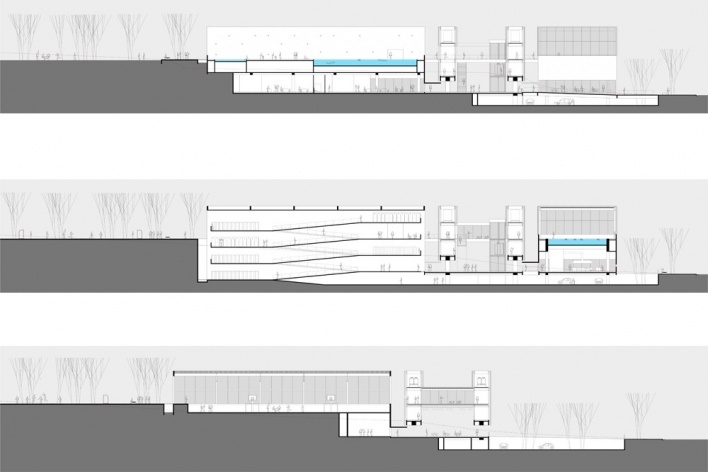 Concurso de Propostas Arquitetônicas para o futuro SESC Guarulhos, cortes, 10º lugar. Núcleo de Arquitetura + GrupoSP<br />Desenhos dos autores 