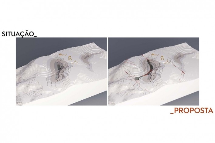 Projeto para a Mina Pau Branco, modelo topográfico da situação atual e dos percursos propostos, Brumadinho MG. Arquitetos Lucas de Sousa, Mariana Alves Barbosa, Pedro Machado Meneghel, Renata Semin e Vitória Paulino<br />Acervo dos autores 