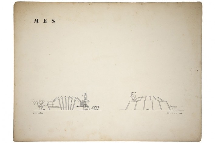 Prancha 3 – Auditório para o edifício do Ministério da Educação e Saúde, elevações, Rio de Janeiro, 1948. Arquiteto Oscar Niemeyer<br />Digitalização Daniel Cabrel  [Coleção Rolando Figueiredo]