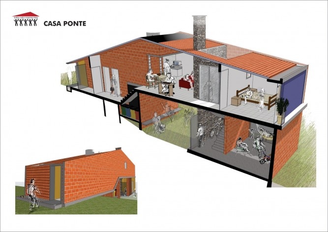 Casa ponte. “Todos sob o mesmo teto” – casas escalonadas. 1º. Lugar Concurso Público Nacional de Arquitetura para Novas Tipologias de Habitação de Interesse Social Sustentáveis<br />Autores do projeto  [equipe vencedora]