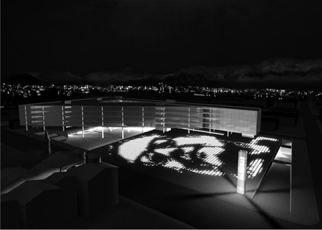 Vista externa noturna do conjunto<br />Imagem dos autores do projeto 