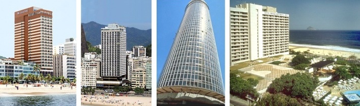 Caesar Park em Ipanema; Hotel Rio Othon Palace em Copacabana; Hotel Nacional e Hotel Inter-Continental Rio em São Conrado