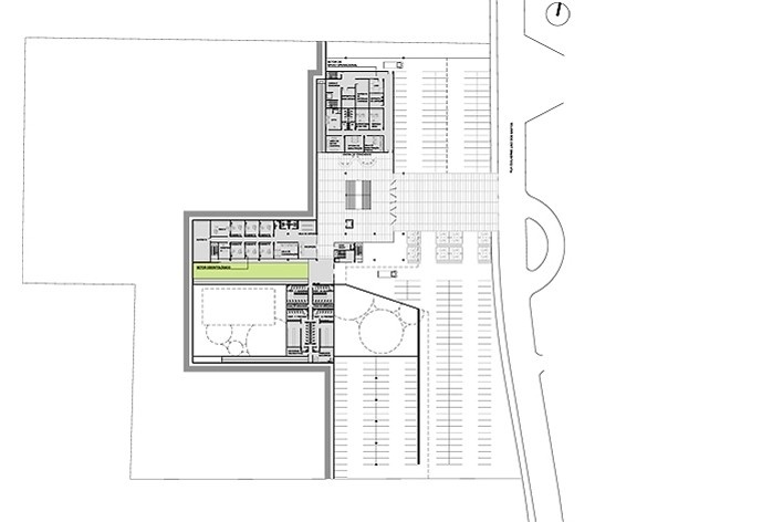 Concurso de Propostas Arquitetônicas para o SESC Guarulhos, planta nível 200. Escritório Biselli & Katchborian<br />Desenho divulgação 