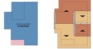 Área do núcleo ampliado e caimento do telhado<br />Imagem dos autores do projeto 