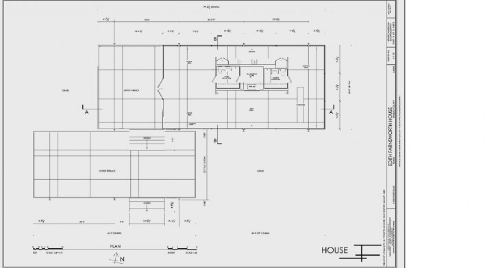 Casa Edith Farnsworth, cortes, Plano, Illinois, Estados Unidos. Arquiteto Ludwig Mies van der Rohe, 1951 [National Trust for Historic Preservation]