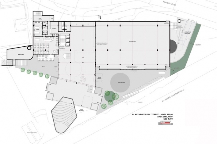 Centro de Referência em Empreendedorismo do Sebrae-MG, planta pavimento térreo, 1º lugar. Arquiteto Andreoni da Silva Prundêncio, 2008<br />Desenho escritório 