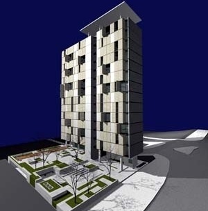Edifício e praça interna<br />Imagem dos autores do projeto 