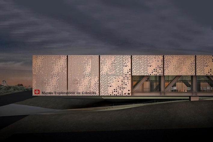 Concurso Internacional para Projeto Arquitetônico do Museu Exploratório de Ciências da Unicamp, vista do balanço da entrada, 1º lugar. Arquitetos Reinaldo Nishimura, Daniel Corsi e Dani Hirano, 2009<br />Imagem equipe 
