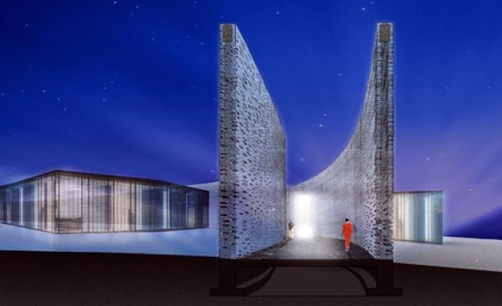 Concurso Internacional para Projeto Arquitetônico do Museu Exploratório de Ciências da Unicamp, vista do acesso à noite, 2º lugar. Arquitetos Tomohiko Amemiya, Hiroki Inutsuka e Mitsuru Hamada, 2009<br />Desenho equipe 