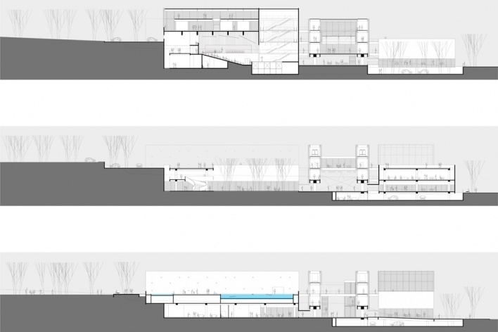 Concurso de Propostas Arquitetônicas para o futuro SESC Guarulhos, cortes, 10º lugar. Núcleo de Arquitetura + GrupoSP<br />Desenhos dos autores 