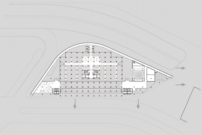 Concurso Anexo da Biblioteca Nacional, planta mezanino, Rio de Janeiro, 2º lugar, arquitetos Eduardo de Almeida, Helena Ayoub, Cesar Shundi Iwamizu<br />Imagem divulgação 