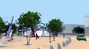 Os balizadores impedindo a passagem de veículos para dentro da praça, priorizando a circulação de pedestres no mesmo nível da praça<br />Imagem do autor do projeto 