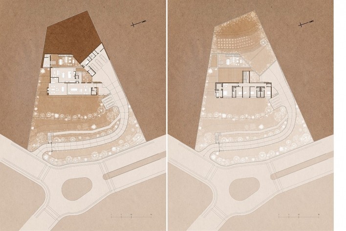 Cangahua House, ground and upper floor plans, Pacho Salas, Tumbaco, Ecuador, 2020. Architects Felipe Muller, Gonzalo Diez, Paola Picciallo, Alvaro Borrero and Hugo Navarrete (authors) / Diez+ Muller Arquitectos<br />Imagem divulgação/disclosure image/divulgacíon  [Diez+ Muller Arquitectos]