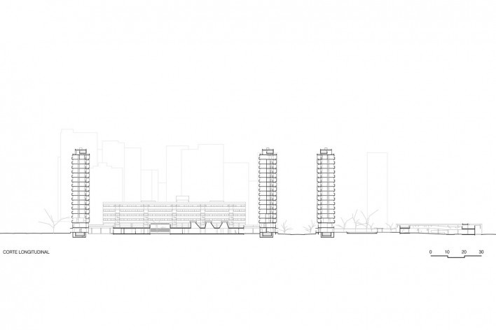 Corte longitudinal, conjunto habitacional do Jardim Edite<br />Desenho MMBB & H+F 
