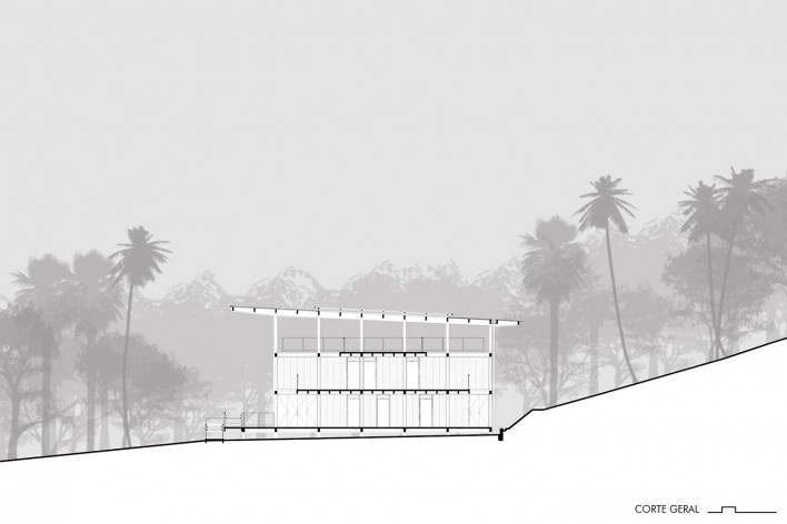 Sede Administrativa Fundação Florestal — Juréia-Itatins, corte geral, Peruíbe SP, 2019. 23 Sul Arquitetura<br />Imagem divulgação  [23 Sul Arquitetura]