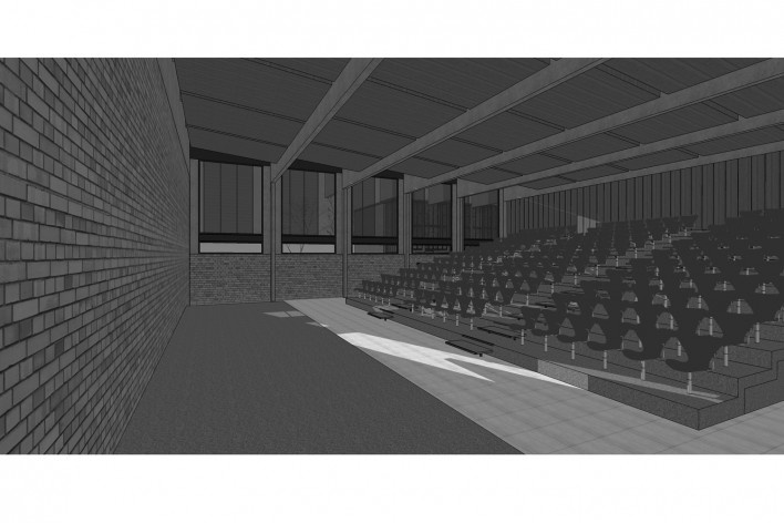 Saint Catherine’s College, vista interior do auditório, Oxford, Inglaterra, 1959-1964, arquiteto Arne Jacobsen<br />Modelo tridimensional de Edson Mahfuz e Ana Karina Christ 