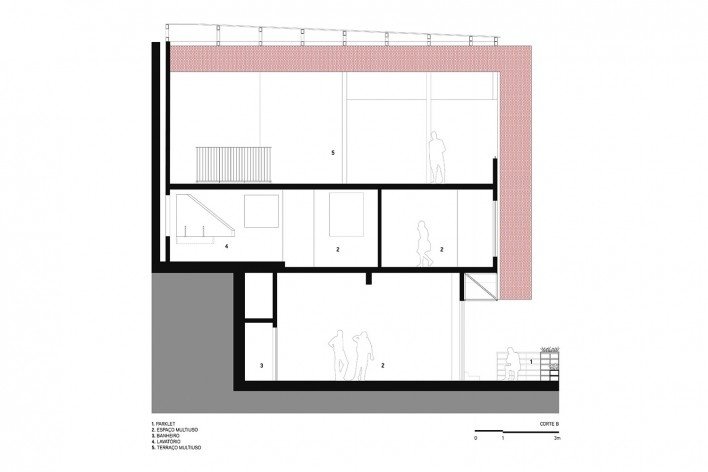 Centro Cultural Lá da Favelinha, corte BB, Belo Horizonte MG, 2021. Arquitetos Fernando Maculan e Joana César Magalhães (autores) / Coletivo Levante<br />Imagem divulgação  [Coletivo Levante]