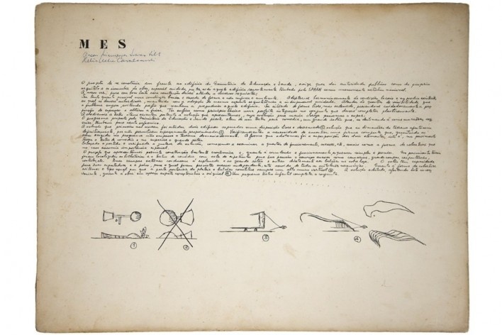 Prancha 1 – Auditório para o edifício do Ministério da Educação e Saúde, texto e croquis explicativos, Rio de Janeiro, 1948. Arquiteto Oscar Niemeyer<br />Digitalização Daniel Cabrel  [Coleção Rolando Figueiredo]