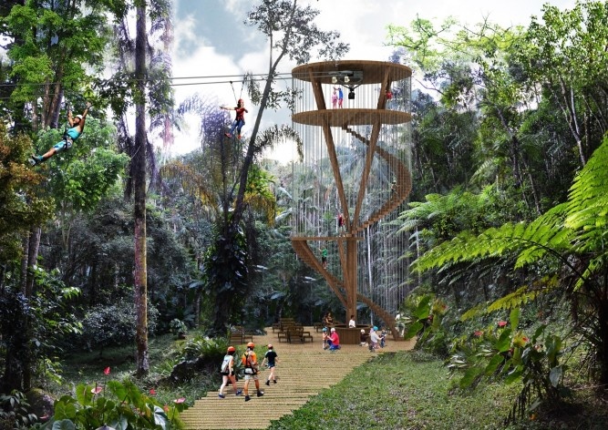 Parque Nacional de Itatiaia, maquete eletrônica da Torre da tirolesa (parte baixa / sistema e material construtivo madeira laminada colada), Rio de Janeiro Brasil / Minas Gerais Brasil, 2017. Arquitetos Pedro Paes Lira, Manoela Machado, Camila Sanches, Gi<br />Imagem divulgação  [Acervo Natureza Urbana]
