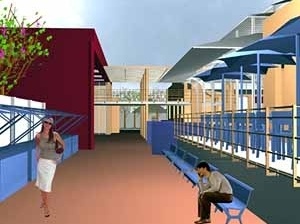 Imagem 06 – Perspectiva a partir da Rua das Carroças (rua interna) mostrando relações entre o edifício do mercado, anexo, espaço para feiras e área de extensão do restaurante<br />Imagem do autor do projeto 