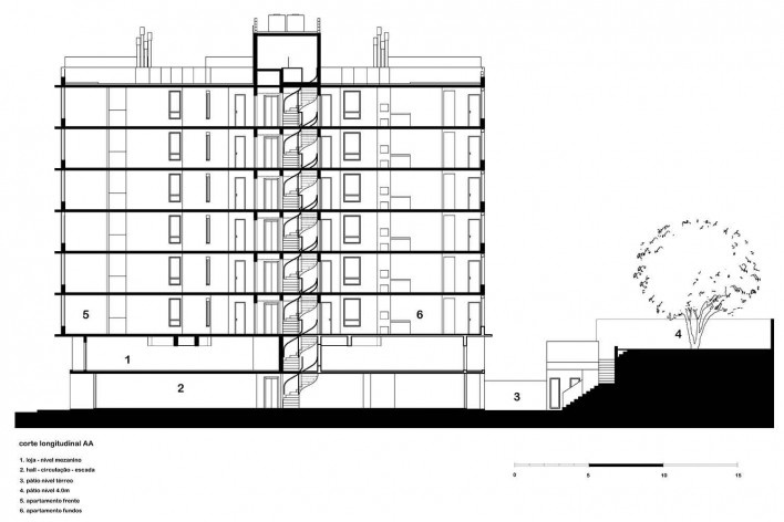 Edifício Península, corte longitudinal, Porto Alegre, Brasil, 2013. Arquitetos Cristiano Kunze e Nathalia Cantergiani