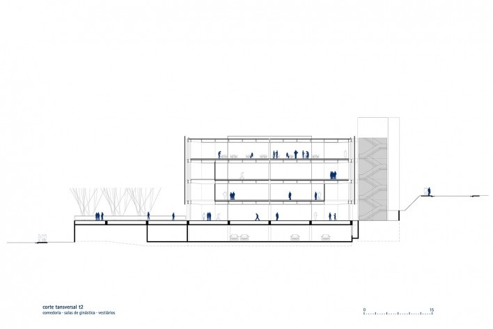 Sesc Limeira, corte transversal, 2017. Arquitetos Alvaro Puntoni, João Sodré, José Paulo Gouvêa e Pedro Mendes da Rocha / Grupo SP + JPG.ARQ + Pedro Mendes da Rocha