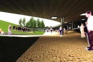 Vista do eixo central entre Praça de Alimentação e Pátio gramado<br />Imagem dos autores do projeto 
