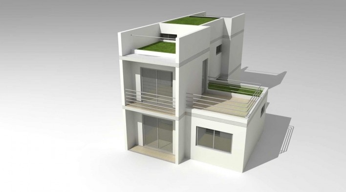 Maquete eletrônica da tipologia de 2 dormitórios com acréscimo de quarto e banheiro acessíveis. Concurso Habitação para Todos.CDHU.Sobrados - 2º Lugar.<br />Autores do projeto  [equipe premiada]