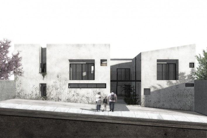 Vila Amélia, perspectiva externa do conjunto, Sertãozinho SP, 2015-2017. Arquitetos Fernando O’Leary, Pedro Domingues e Pedro Faria<br />Imagem divulgação  [Vaga Arquitetura]