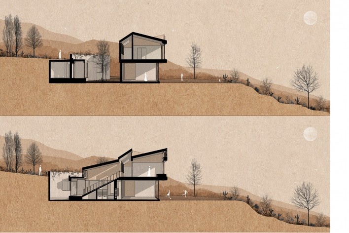 Cangahua House, sections, Pacho Salas, Tumbaco, Ecuador, 2020. Architects Felipe Muller, Gonzalo Diez, Paola Picciallo, Alvaro Borrero and Hugo Navarrete (authors) / Diez+ Muller Arquitectos<br />Imagem divulgação/disclosure image/divulgacíon  [Diez+ Muller Arquitectos]
