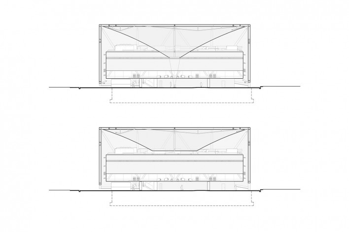 Pavilhão do Brasil na Expo Dubai 2020, cortes longitudinais AA e BB, Dubai, Emirados Árabes Unidos, 2020. Arquitetos José Paulo Gouvêa, Marta Moreira, Martin Benavidez e Milton Braga / Ben-Avid + JPG.ARQ + MMBB Arquitetos<br />Imagem divulgação/disclosure image/divulgación  [Ben-Avid + JPG.ARQ + MMBB Arquitetos]