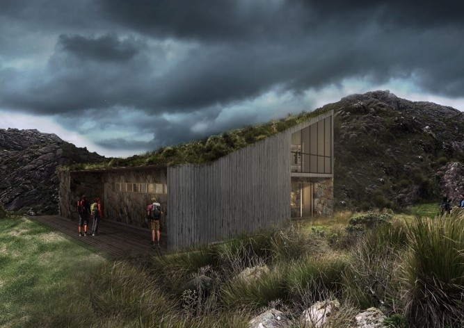 Parque Nacional de Itatiaia, maquete eletrônica do Núcleo Rebouças (abrigo Rebouças / sistema construtivo seguindo o existente), Rio de Janeiro Brasil / Minas Gerais Brasil, 2017. Arquitetos Pedro Paes Lira, Manoela Machado, Camila Sanches, Giulia Corsi /<br />Imagem divulgação  [Acervo Natureza Urbana]