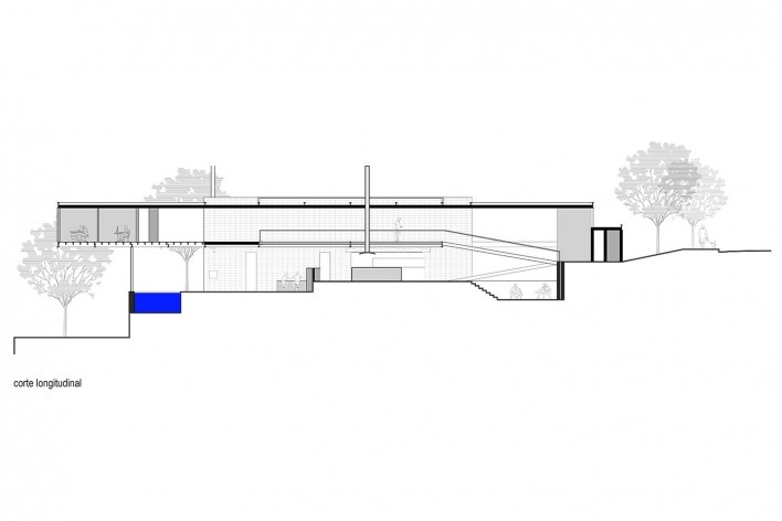 Residência Sousas 2, corte longitudinal, Campinas SP. Arquiteto Bernardo Telles<br />Imagem divulgação 