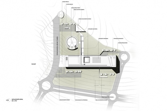 Concurso Internacional para Projeto Arquitetônico do Museu Exploratório de Ciências da Unicamp, implantação, 1º lugar. Arquitetos Reinaldo Nishimura, Daniel Corsi e Dani Hirano, 2009<br />Desenho equipe 