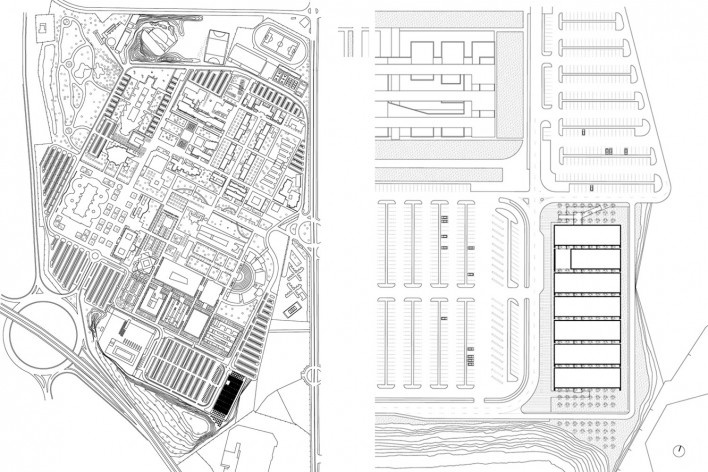 Aulário 3 (unidade de Alicante), planta situação e implantação, San Vicente del Raspeig, Alicante, Espanha, 2000. Arquiteto Javier Garcia-Solera<br />Imagem divulgação  [Acervo Javier Garcia-Solera]