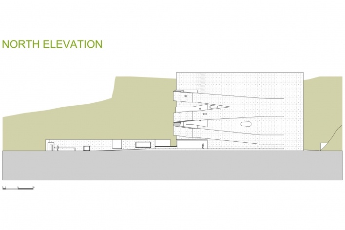 Sede da Fundação Iberê Camargo, elevação norte. Arquiteto Álvaro Siza, 2008<br />Desenho escritório 