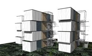 Montagem vertical. Aproveitando terrenos urbanos. Esta alternativa viabiliza a implantação de unidades em lotes mais compactos e inseridos em malha urbana, em um ou até mais blocos. A idéia é agrupar em pequenos edifícios 4 habitações com escada externa, <br />Imagem dos autores do projeto 