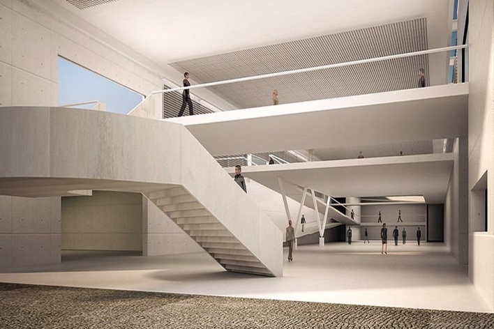 Concurso Internacional para Projeto Arquitetônico do Museu Exploratório de Ciências da Unicamp, vista interna do átrio, menção honrosa. Arquitetos Fábio Boretti, Bernardo Telles e Luis Alexandre Pereira Pinto, 2009<br />Imagem equipe 