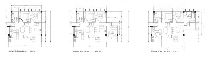 Plantas das unidades. Concurso Habitação para Todos. CDHU. Edifícios de 6/7 pavimentos - 2º Lugar.<br />Autores do projeto  [equipe premiada]