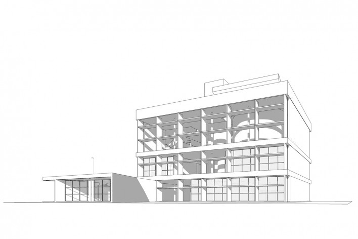 Associação da Indústria Têxtil, vista externa do edifício, Ahmedabad, Gujarat, Índia, 1954. Arquiteto Le Corbusier<br />Elaboração/ Elaboración Edson Mahfuz 