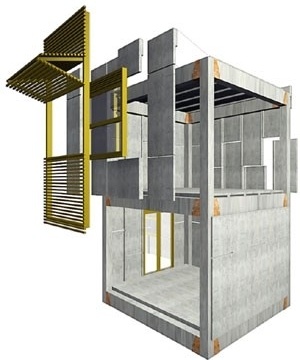 Etapa 3: vedações com o esqueleto estruturado, dispõem-se as posições dos painéis pré-fabricados de acordo com a modulação estabelecidab<br />Imagem dos autores do projeto 