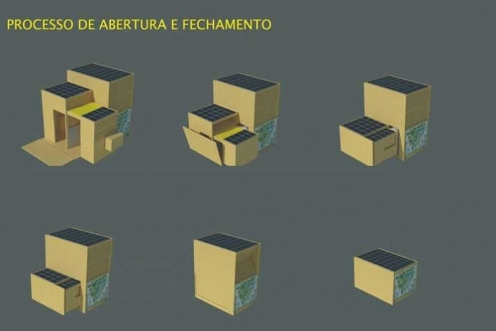 Projeto de quiosque para parques públicos de São Paulo, processo de abertura e fechamento.Beatriz Carra Bertho, Gabriela Ortega, Maíra de Camargo Barros, Mariela Mezalira, Ricardo Marchesini Galvão. 3º. prêmio categoria estudantes, 2009.