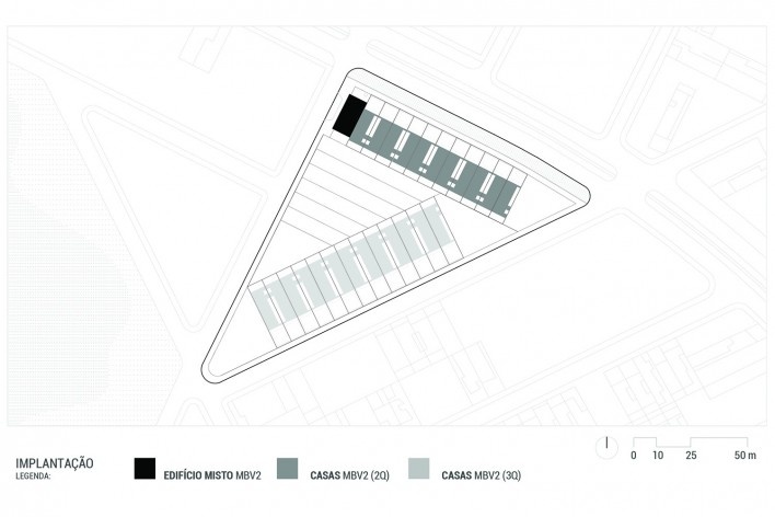 Casas + Edifício Misto MBV2, implantação, Sobral CE Brasil, 2020. Arquitetos Bruno Braga, Bruno Perdigão, Igor Ribeiro e Luiz Cattony / Rede Arquitetos<br />Imagem divulgação  [Rede Arquitetos]