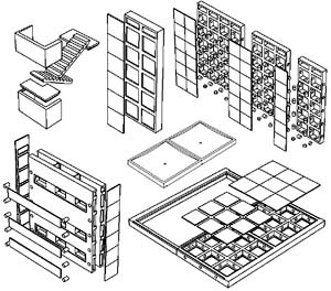 Sistema de Grelhas Pré-Fabricadas de Concreto, formado por diversos elementos: Pilares; Grelhas Horizontais; Grelhas VerticaiS; Paredes-Duplas; Placas de Fechamento; Peças de Circulação Vertical: Meia-Grelha, Apoios, Pisos e Degraus <br />Imagem dos autores do projeto 