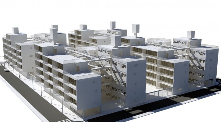 Perspectiva geral. Concurso Habitação para Todos. CDHU. Edifícios de 6/7 pavimentos - 2º Lugar.<br />Autores do projeto  [equipe premiada]