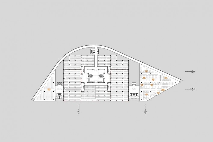 Concurso Anexo da Biblioteca Nacional, planta pavimento 2, Rio de Janeiro, 2º lugar, arquitetos Eduardo de Almeida, Helena Ayoub, Cesar Shundi Iwamizu<br />Imagem divulgação 